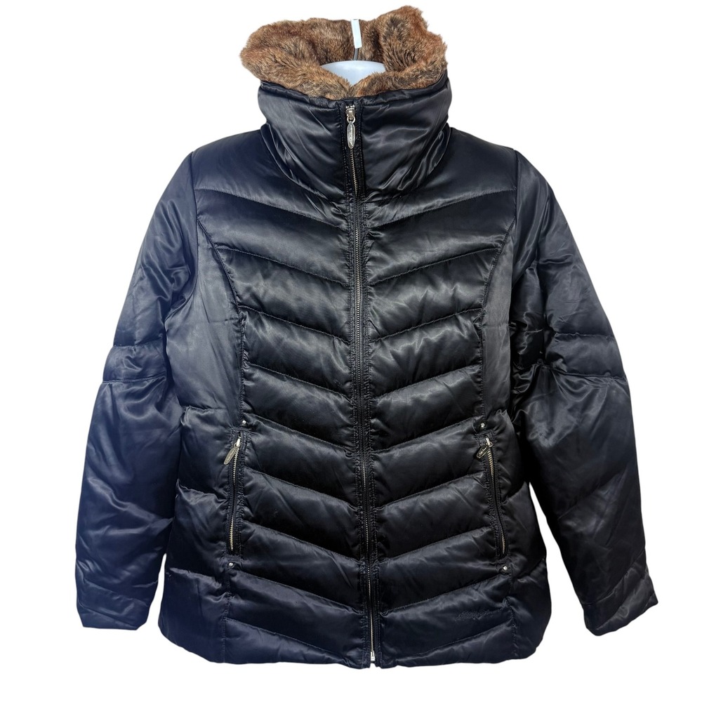 Eddie Bauer Womens L Black Goose Down Puffer Jacket Faux Fur Trim Full Zip